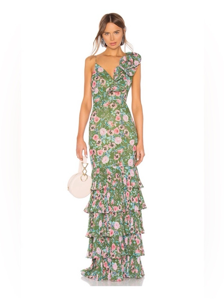 Amur Green Floral One-Shoulder Ruffled Maxi Dress